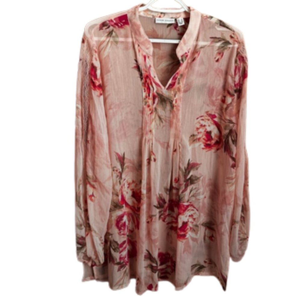 Susan Graver Floral Chiffon Blouse sLarge pintuck pleated